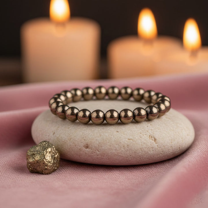 Natural golden pyrite healing bracelet with 8mm round beads. India’s Largest Pooja Accessories Brand - www.satvikworld.com