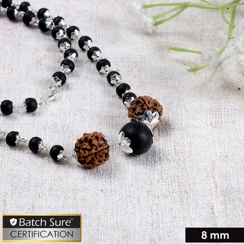 Govt. certified 8mm silver-plated Karungali mala with natural Rudraksha and Karungali beads, traditional spiritual prayer necklace for daily wear. India’s Largest Puja Accessories Brand- www.satvikworld.com