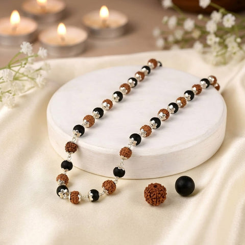 Govt. Certified Rudraksha & Karungali Mala with Silver Plating Capping for spiritual protection and healing. India’s Largest Pooja Accessories Brand - www.satvikworld.com