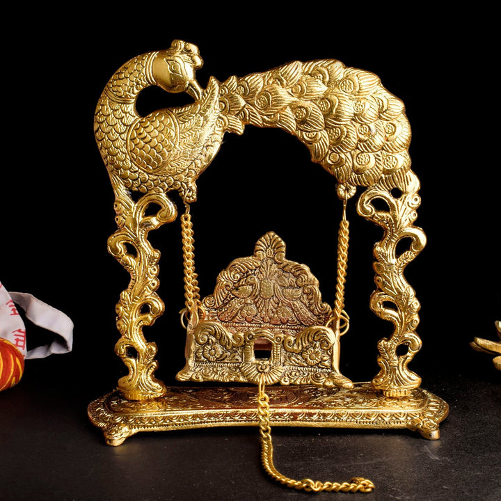 Graceful Metal Laddu Gopal Jhula – traditional swing for Bal Gopal idol made of metal, perfect for Janmashtami and temple decor. India’s Largest Pooja Accessories Brand – www.satvikworld.com