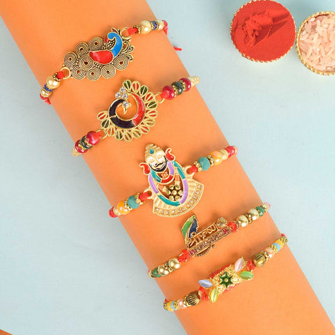 Set of 5 Designer Rakhi Threads with Roli Chawal and Ram Sita Stickers for Raksha Bandhan Celebration. India’s Largest Pooja Accessories Brand - www.satvikworld.com