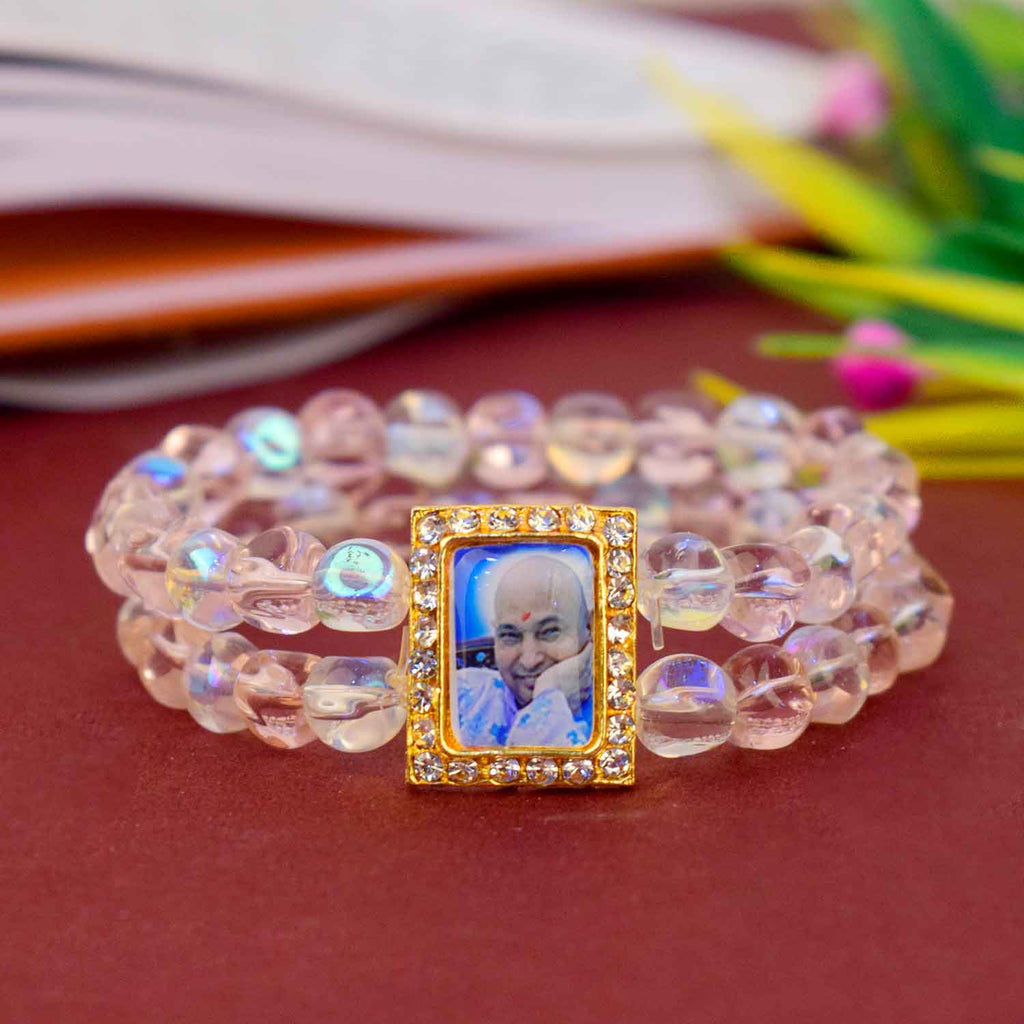 Guruji Bracelet with white and pink beads, handcrafted with care, perfect for daily wear, spiritual occasions, and festive gifting. India’s Largest Pooja Accessories Brand – www.satvikworld.com