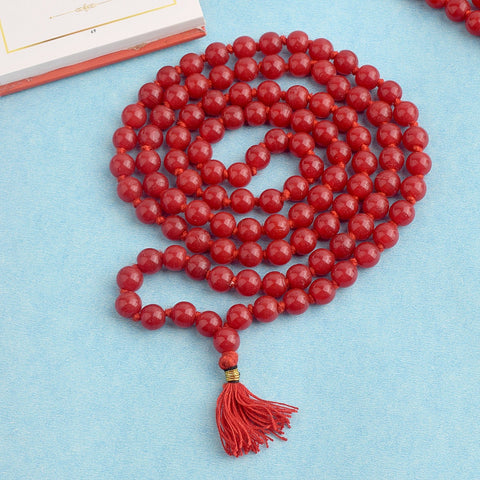 Hakik Jap Mala (Red Coral) – A Spiritual Meditation Mala for Strength, Protection, and Vitality. India’s Premium Hakik Jap Mala Store - www.satvikworld.com
