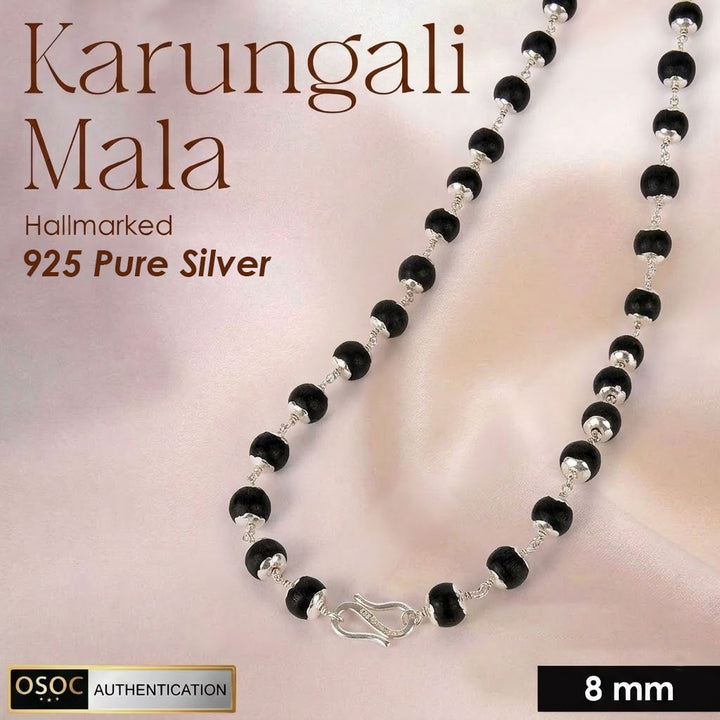 Hallmarked 925 pure silver government-certified Karungali mala, designed for spiritual protection, healing, and meditation. India’s Premium Jap Mala Store - www.satvikworld.com