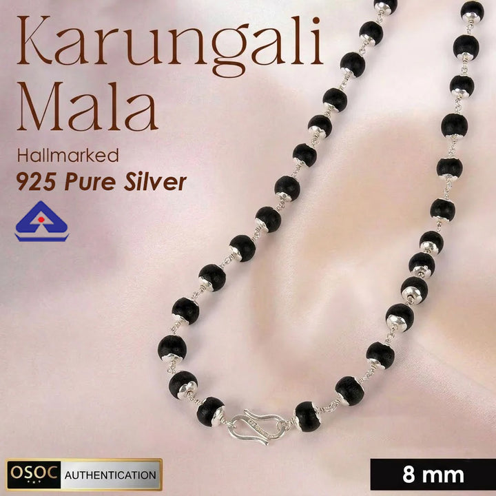 Hallmarked 925 pure silver government-certified Karungali mala, designed for spiritual protection, healing, and meditation. India’s Premium Jap Mala Store - www.satvikworld.com