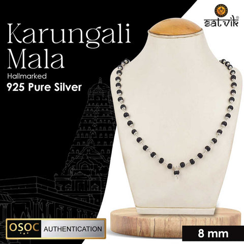 Hallmarked 925 pure silver government-certified Karungali mala, designed for spiritual protection, healing, and meditation. India’s Premium Jap Mala Store - www.satvikworld.com