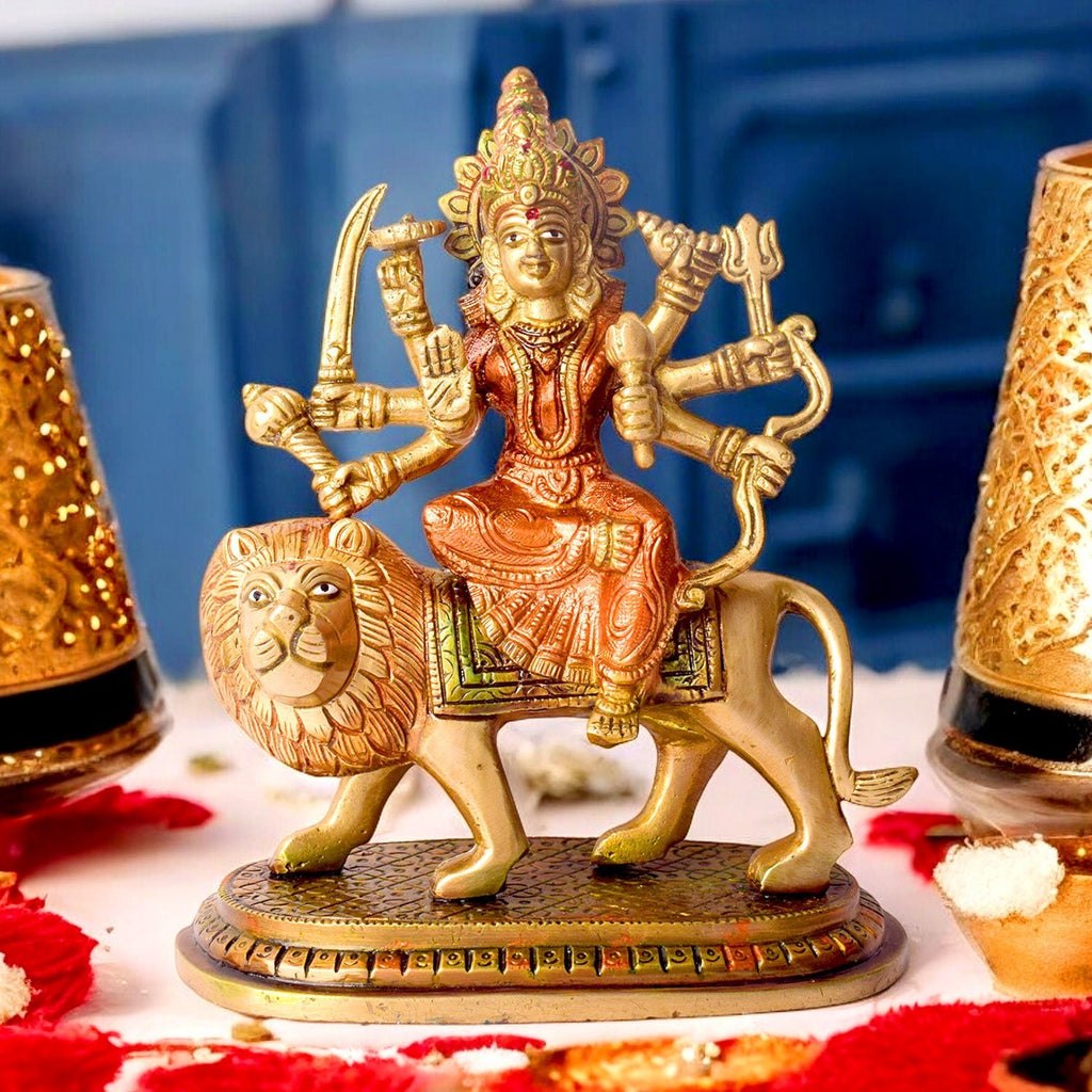 Handcrafted Brass Sherawali Mata Idol, a beautifully detailed sculpture symbolizing power, grace, and divine protection. Perfect for home temples and spiritual décor, this statue brings a touch of sacred energy and blessings. India’s Largest Pooja Accessories Brand – www.satvikworld.com