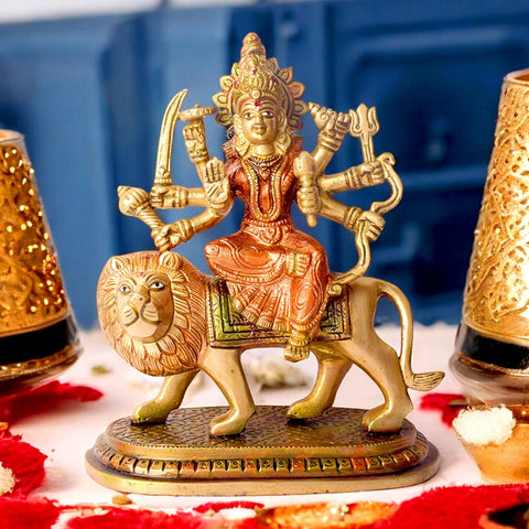 Handcrafted Brass Sherawali Mata Idol, a beautifully detailed sculpture symbolizing power, grace, and divine protection. Perfect for home temples and spiritual décor, this statue brings a touch of sacred energy and blessings. India’s Largest Pooja Accessories Brand – www.satvikworld.com