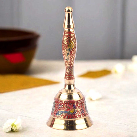 Handcrafted Meenakari Brass Puja Bell in Red color – 7 Inch traditional pooja bell for temple rituals. India’s Largest Pooja Accessories Brand - www.satvikworld.com