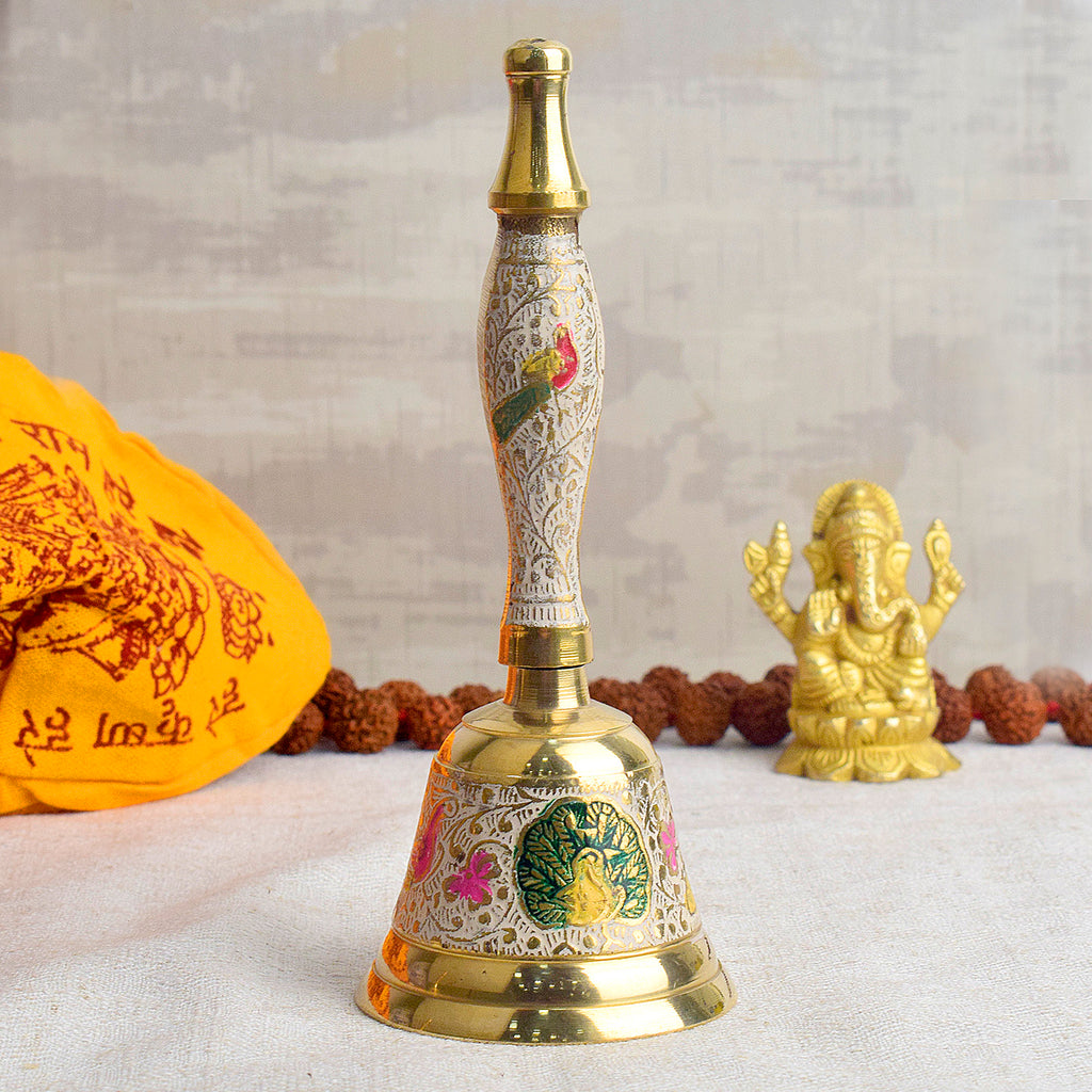 Handcrafted Meenakari Brass Puja Bell in White color – 7 Inch traditional pooja bell for temple rituals and spiritual ceremonies. India’s Largest Pooja Accessories Brand - www.satvikworld.com