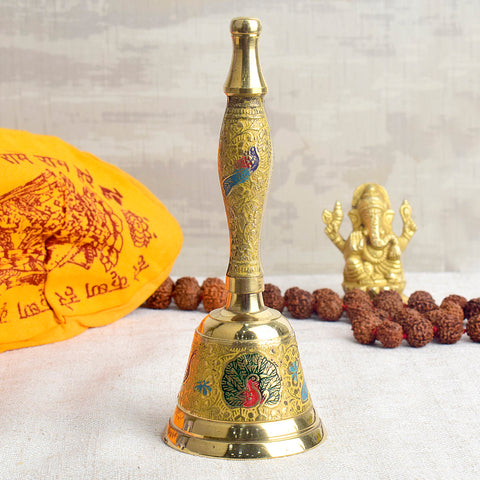 Handcrafted Meenakari Brass Puja Bell in Yellow color – 7 Inch traditional temple bell for daily pooja and rituals. India’s Largest Pooja Accessories Brand - www.satvikworld.com