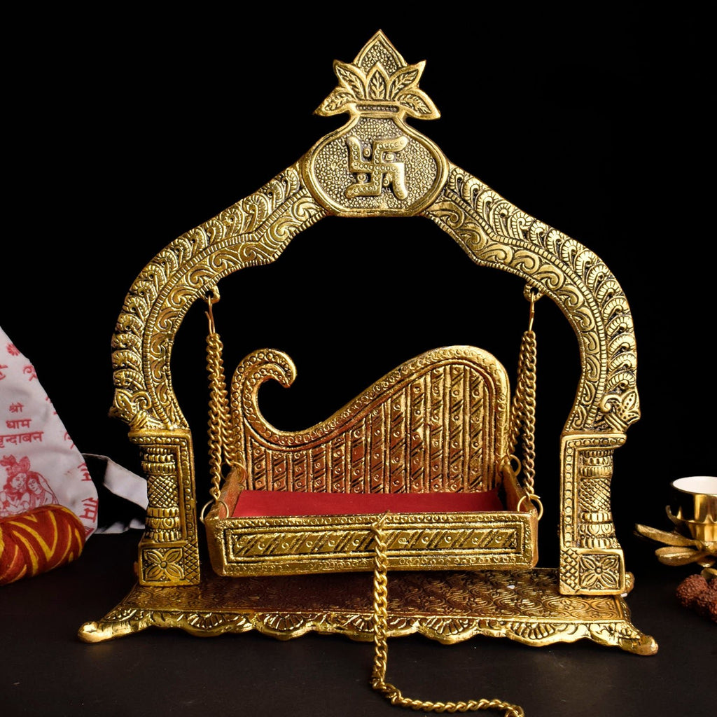 Handcrafted Traditional Metal Jhula of Laddu Gopal – artistic and durable cradle swing for Kanha Ji, ideal for Janmashtami and temple decor. India’s Largest Pooja Accessories Brand – www.satvikworld.com