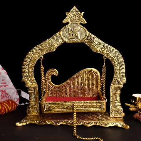 Handcrafted Traditional Metal Jhula of Laddu Gopal – artistic and durable cradle swing for Kanha Ji, ideal for Janmashtami and temple decor. India’s Largest Pooja Accessories Brand – www.satvikworld.com