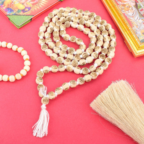 Handcrafted Wooden Jap Mala with "Radha Radha" engraving, made from high-quality wooden beads. Perfect for mantra chanting, meditation, and spiritual practice. The engraved mantra invites divine blessings, offering a grounding and peaceful energy. Lightweight and durable for daily use. India’s Largest Pooja Accessories Brand – www.satvikworld.com.