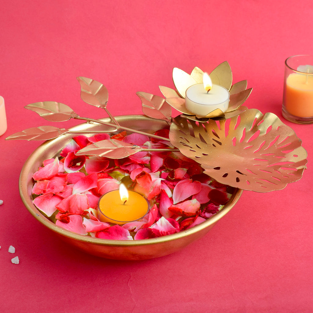 Handcrafted graceful urli bowl with elegant floral design, perfect for floating candles or flowers, ideal for festive and traditional decor. India’s Largest Pooja Accessories Brand – www.satvikworld.com