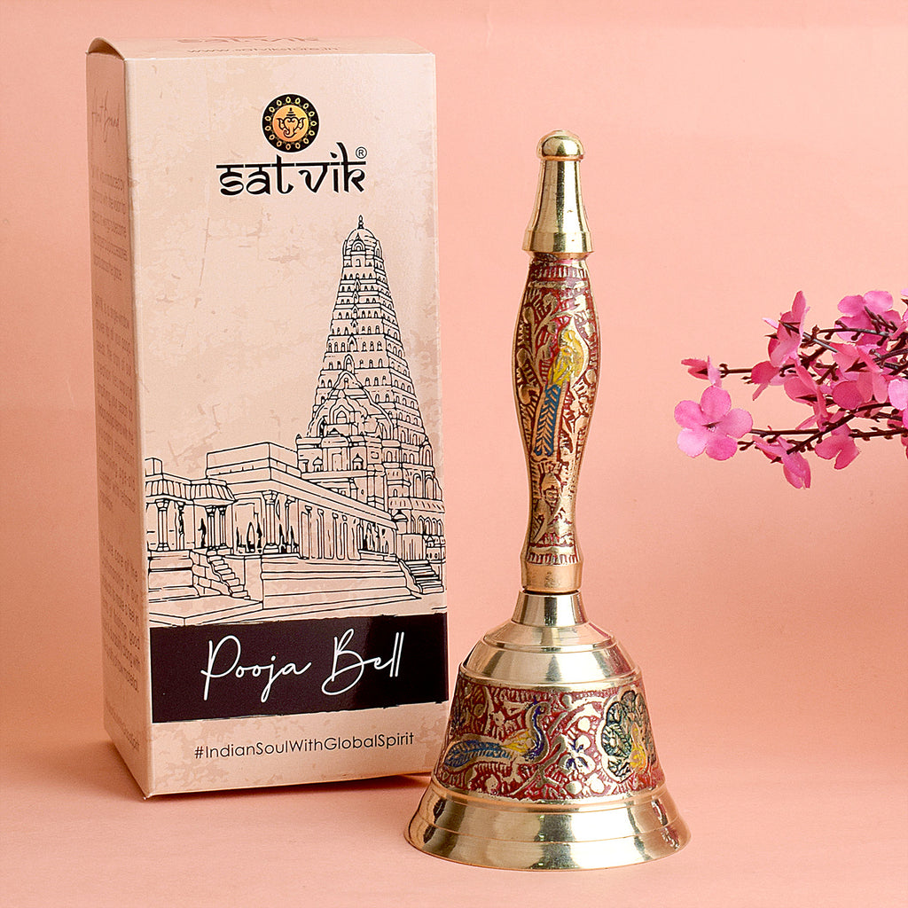Handcrafted red brass puja bell with traditional handle design, ideal for temple rituals and spiritual ceremonies. India’s Largest Pooja Accessories Brand – www.satvikworld.com