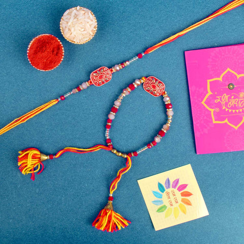 Designer Couple Rakhi Set for Bhaiya and Bhabhi with Roli Chawal and Ram Sita Stickers – Raksha Bandhan Gift Combo. India’s Largest Brass Idols Brand - www.satvikworld.com