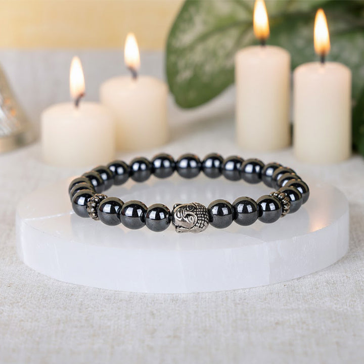 Hematite healing stone bracelet with silver Buddha charm and 8mm beads India’s Largest Pooja Accessories Brand - www.satvikworld.com