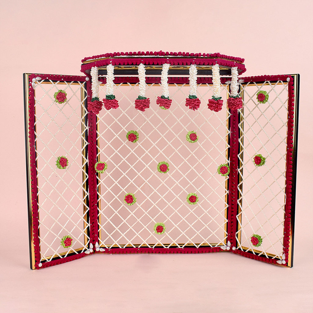 15 Inch Incredible Ganesha Phool Bangla in vibrant red floral design, ideal for large Ganesh idol backdrop and festive mandap decorations India’s Largest Pooja Accessories Brand – www.satvikworld.com