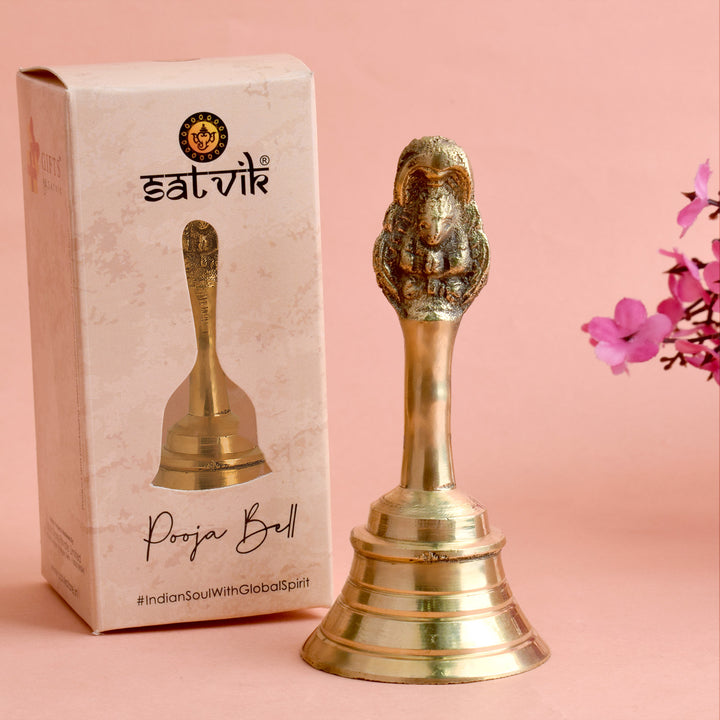 Intricately designed Vishnu brass puja bell featuring Lord Vishnu's divine form, perfect for enhancing spiritual vibrations during daily worship and temple rituals. India’s Largest Pooja Accessories Brand – www.satvikworld.com