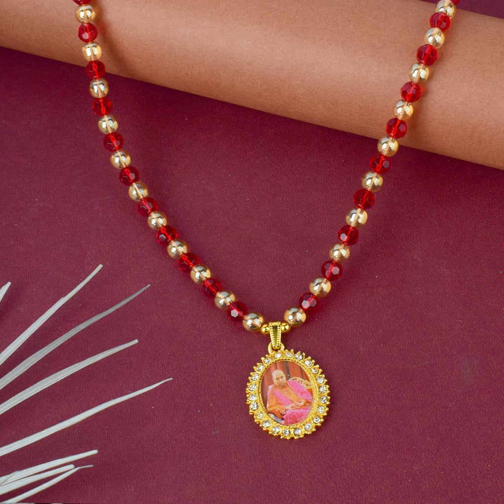 Jai Guruji Swaroop Mala with golden and assorted colored beads (brown, red, pink, green, orange), perfect for pooja, meditation, and gifting. India’s Largest Pooja Accessories Brand – www.satvikworld.com