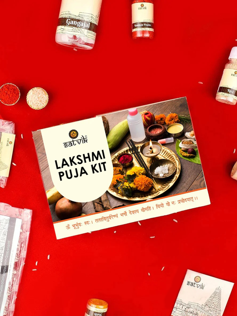 Lakshmi Puja Kit containing complete samagri for Diwali and Lakshmi Poojan, ideal for wealth and prosperity rituals at home or office. India’s Largest Pooja Accessories Brand – www.satvikworld.com