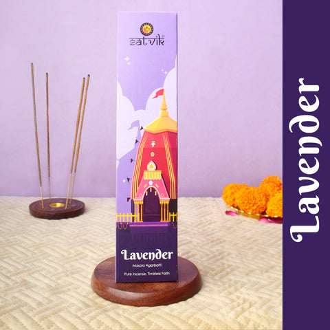 Lavender Pure Masala Incense Sticks box for relaxation, aromatherapy, and meditation. India’s Largest Pooja Accessories Brand - www.satvikworld.com