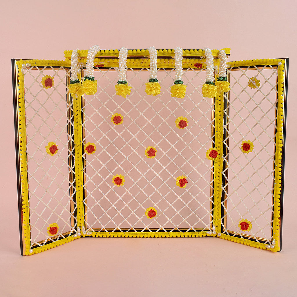 5 Inch Magnificent Ganesha Phool Bangla in bright yellow floral theme, perfect for large Ganesh idol decoration and mandap setups. India’s Largest Pooja Accessories Brand – www.satvikworld.com