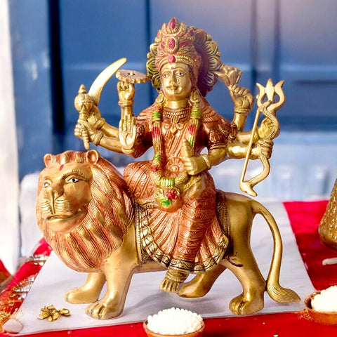 Magnificent Sherawali Mata Statue for Home Temple – A divine and detailed brass statue of Goddess Sherawali, perfect for adding spiritual energy and grace to your home or temple décor. India’s Largest Pooja Accessories Brand – www.satvikworld.com