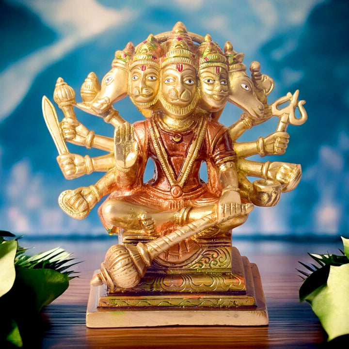 Majestic Panchmukhi Hanuman Brass Idol, handcrafted with intricate details, symbolizes strength, courage, and protection. Ideal for home temples and spiritual spaces, this idol brings divine blessings and positive energy. India’s Largest Pooja Accessories Brand – www.satvikworld.com
