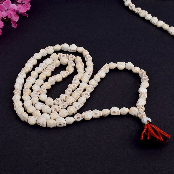 Narmund Jaap Mala made of skull-shaped beads for Tantra and Aghori Sadhana rituals, used in spiritual practices and Shiv worship.India’s Largest Pooja Accessories Brand – www.satvikworld.com
