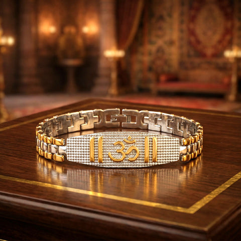 Om gold and silver plated bracelet with premium IGP coating featuring sacred Om symbol – adjustable dual-tone spiritual bracelet. India’s Largest Pooja Accessories Brand - www.satvikworld.com