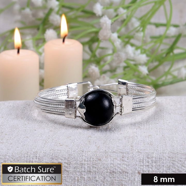 Original authentic ebony wood Karungali silver-plated kada bracelet with smooth polished finish and traditional handcrafted detailing for spiritual wear. India’s Largest Puja Accessories Brand- www.satvikworld.com