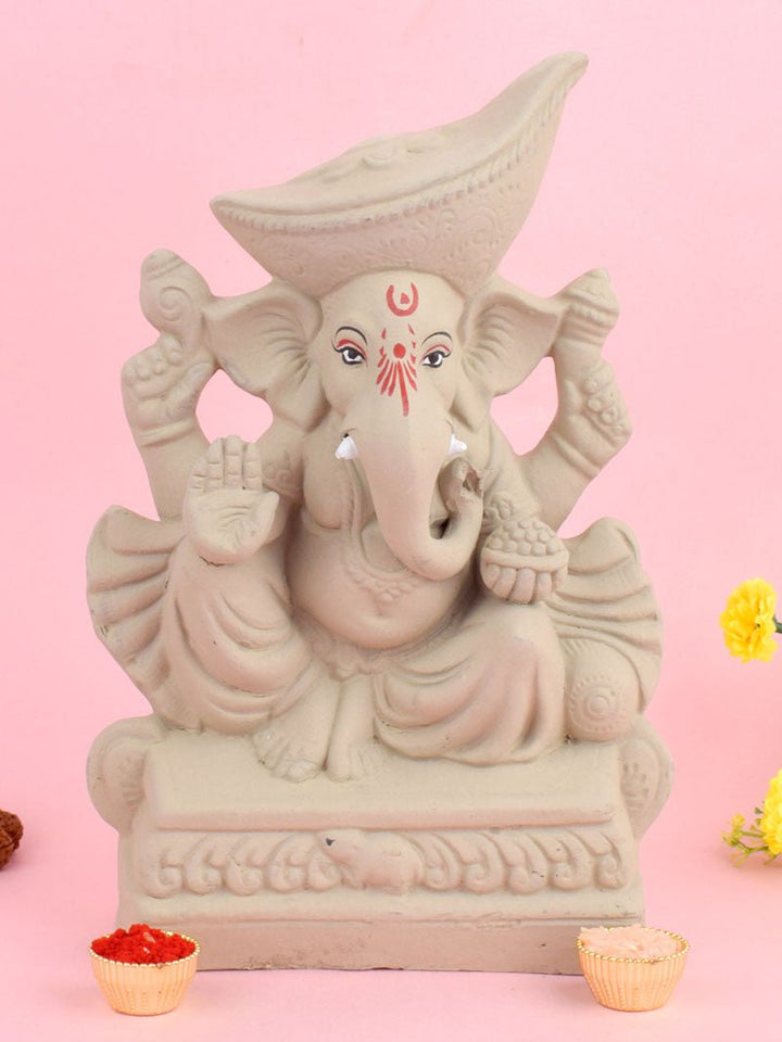 Plain 10.5 Inch Padmasana Ganpati idol featuring a traditional Mavala Pagdi, seated in a meditative lotus pose, handcrafted from eco-friendly clay. India’s Largest Pooja Accessories Brand – www.satvikworld.com