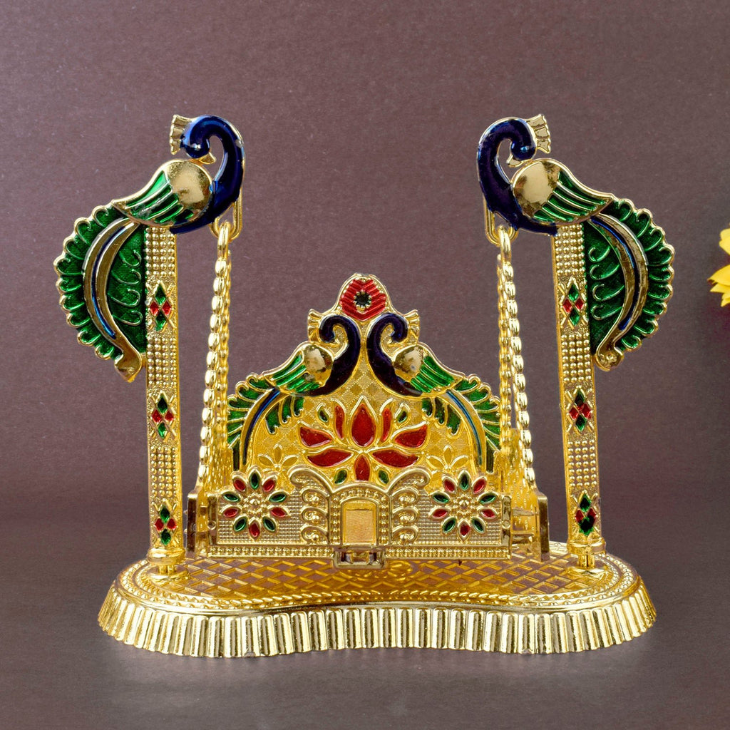 Peacock Graceful Laddu Gopal Jhula – vibrant traditional swing with peacock design, ideal for Bal Gopal idol placement during Janmashtami and pooja rituals. India’s Largest Pooja Accessories Brand – www.satvikworld.com