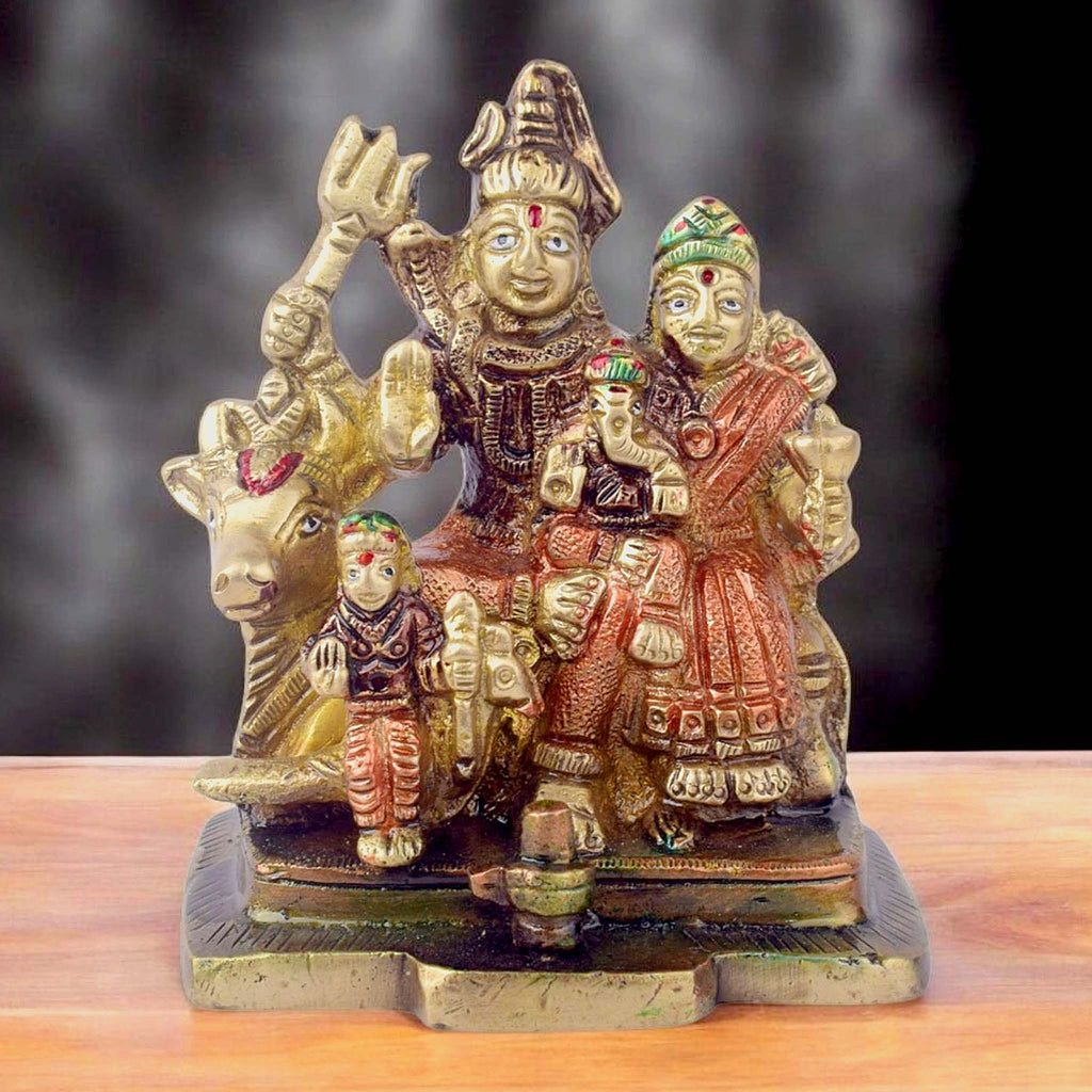4-inch brass Shiv Parivaar statue, intricately crafted to depict the complete Lord Shiva family, including Lord Shiva, Goddess Parvati, Lord Ganesha, and Lord Kartikeya. Ideal for worship, home temples, or as a spiritual gift. India’s Largest Pooja Accessories Brand – www.satvikworld.com