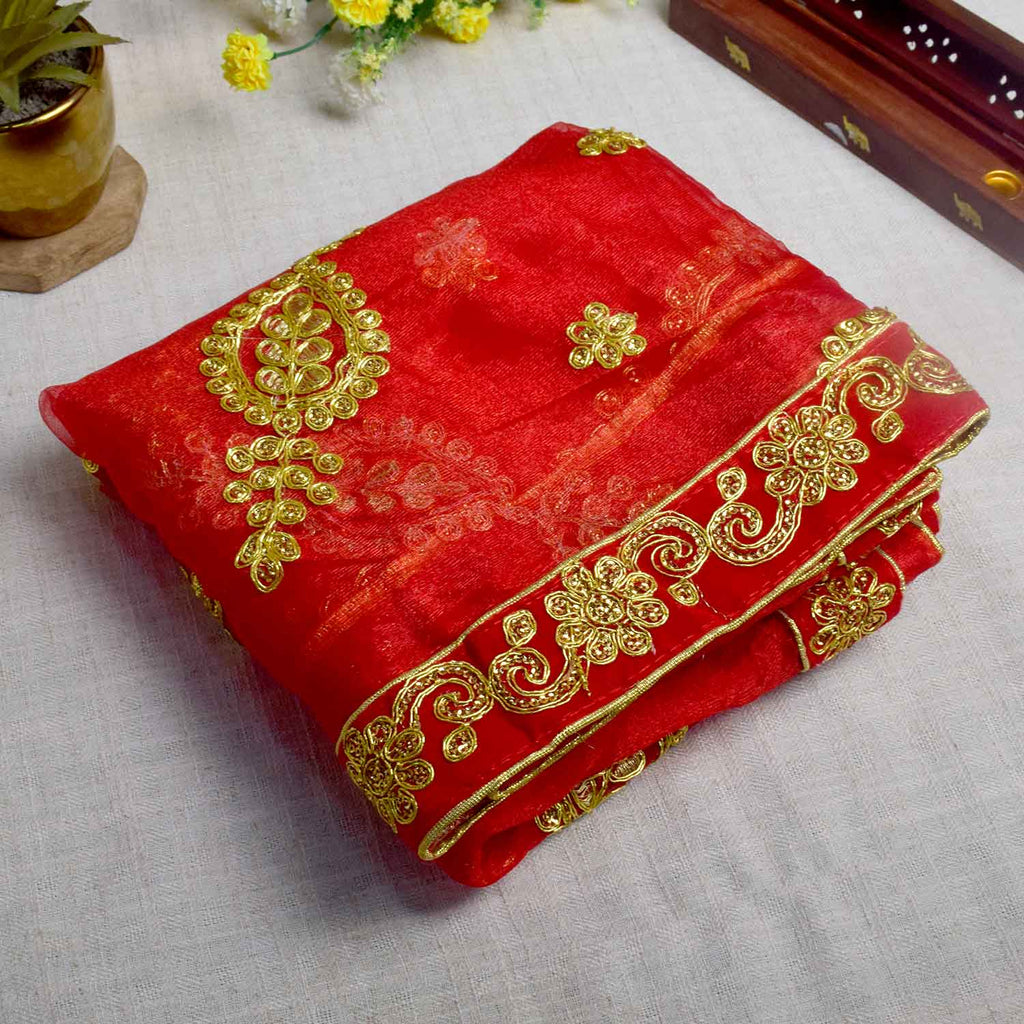Enhance your pooja rituals with this elegant Pink and Gold Mata Chunri, measuring 216 cm x 99 cm. Featuring intricate gold paisley patterns and a decorative red border, it is ideal for Devi pooja, altar decoration, and religious ceremonies during Navratri, Diwali, and other auspicious events.

Shop now at satvikworld.com for authentic Indian pooja accessories delivered across the USA.