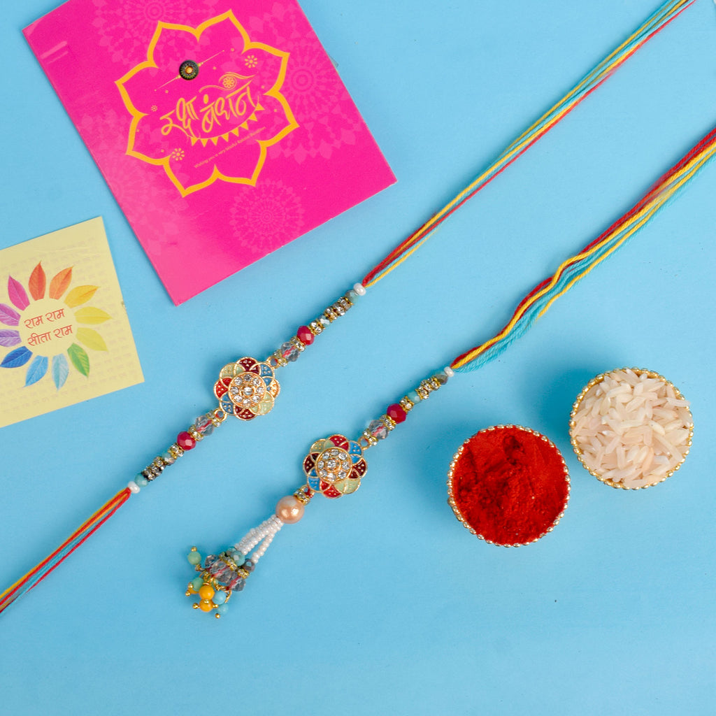 Designer Couple Rakhi Set for Bhaiya and Bhabhi with Roli Chawal and Ram Sita Stickers – Raksha Bandhan Gift Combo. India’s Largest Brass Idols Brand - www.satvikworld.com