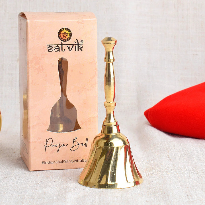Prepossessing handcrafted brass pooja bell with elegant detailing, ideal for temple rituals, daily worship, and spiritual ambiance. India’s Largest Pooja Accessories Brand – www.satvikworld.com