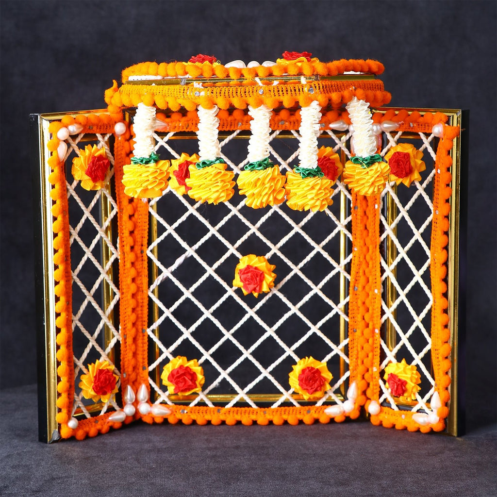 8 Inch Pretentious Orange Ganesha Phool Bangla with rich floral design, ideal for vibrant Ganpati festival mandap decor. India’s Largest Pooja Accessories Brand – www.satvikworld.com