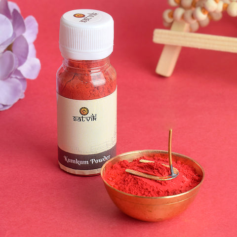 Pure red kumkum powder for pooja rituals, packed in a 25-gram container, ideal for tilak, aarti, and traditional ceremonies. India’s Largest Pooja Accessories Brand – www.satvikworld.com