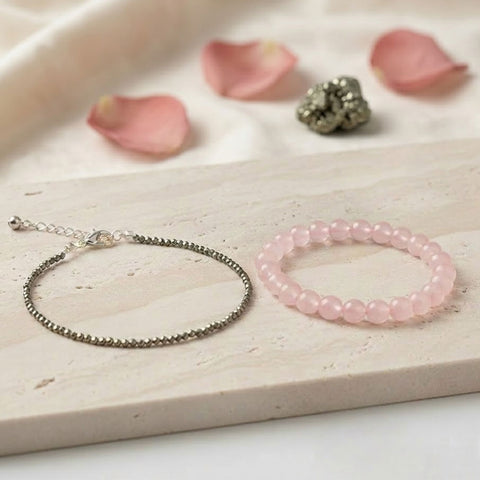 Pyrite Anklet and Rose Quartz Bracelet Combo for wealth, love and positive energy. India’s Largest Pooja Accessories Brand – www.satvikstore.in
