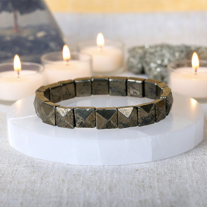 Natural pyrite pyramid square faced healing bracelet with 8mm beads. India’s Largest Pooja Accessories Brand - www.satvikworld.com