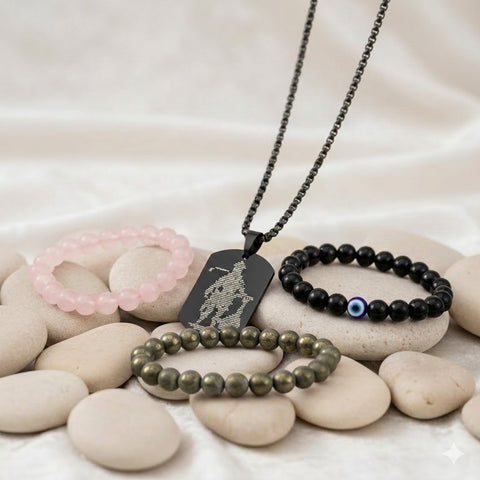 Raw Pyrite, Rose Quartz & Black Obsidian Bracelet Combo with Hanuman Chalisa Pendant | Wealth, Love & Protection