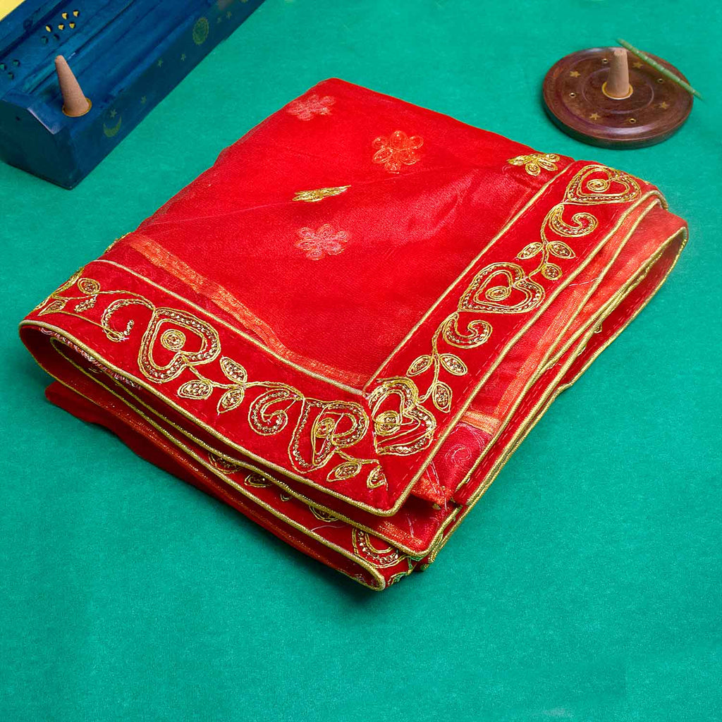 Enhance your pooja altar with this elegant Pink and Gold Mata Chunri, measuring 214 cm x 103 cm. Adorned with intricate gold embroidery and a decorative red border, it is ideal for Devi pooja, temple decor, and religious ceremonies during Navratri, Diwali, and other auspicious events.

Shop now at satvikworld.com for premium Hindu pooja essentials delivered across the USA.