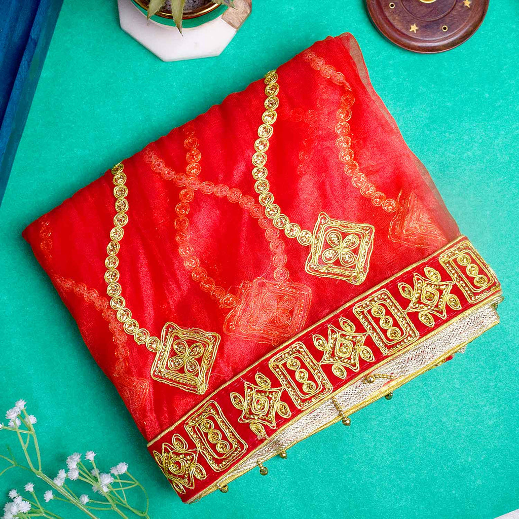 Add grace to your pooja ceremonies with this Pink and Gold Mata Chunri, measuring 214 cm x 102 cm. Adorned with gold wave patterns and a rich red border, it is perfect for Devi pooja, mandir altar decoration, and religious rituals during Navratri, Diwali, and other occasions.

Shop now at satvikworld.com for authentic Indian pooja essentials across the USA.
