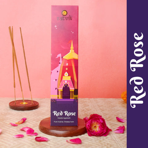 Red Rose Pure Masala Incense Sticks pack for worship, meditation, and natural floral fragrance. India’s Largest Pooja Accessories Brand - www.satvikworld.com