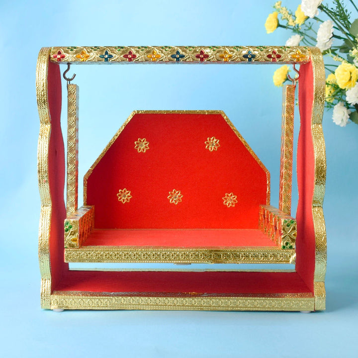 Red Velvet and Meenakari Unique Jhula for Laddu Gopal – elegant decorative cradle with traditional design, ideal for festive and temple decoration. India’s Largest Pooja Accessories Brand – www.satvikworld.com