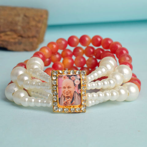 Crystal Red Beads Four Layer & White Pearl Bracelet with Jai Guruji Swaroop