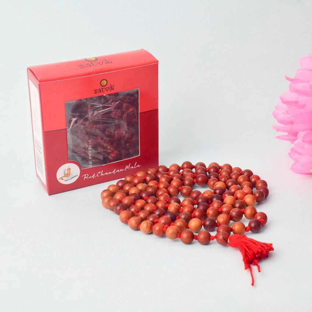 Regular Red Sandalwood (Chandan) Lal Jap Mala with 108+1 beads, made from high-quality red sandalwood, ideal for daily prayers, meditation, and spiritual practices. India’s Largest Pooja Accessories Brand – www.satvikworld.com